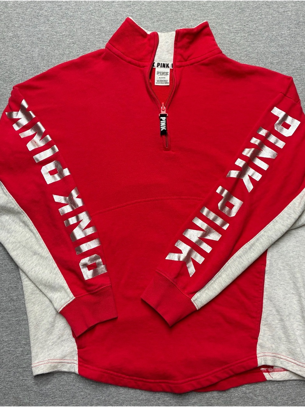 PINK Victoria's Secret Red & Gray Quarter-Zip Pullover